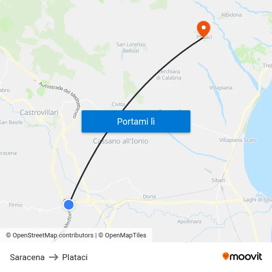 Saracena to Plataci map