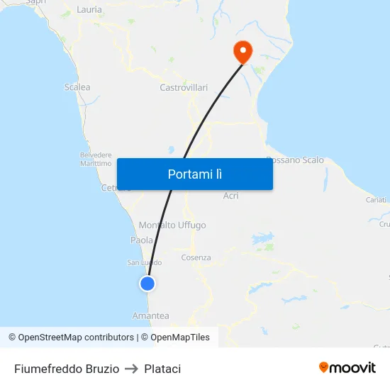 Fiumefreddo Bruzio to Plataci map
