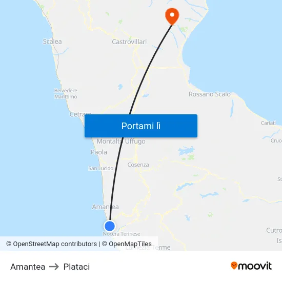Amantea to Plataci map