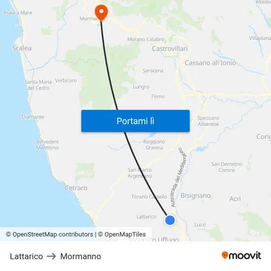Lattarico to Mormanno map