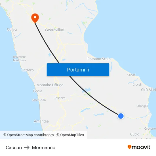 Caccuri to Mormanno map