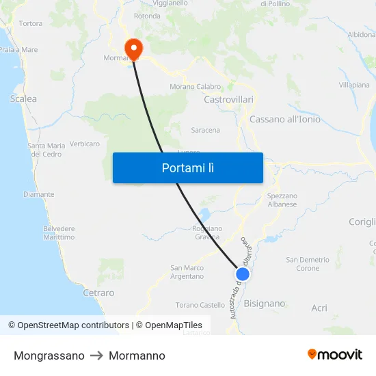 Mongrassano to Mormanno map
