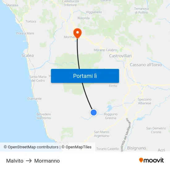 Malvito to Mormanno map