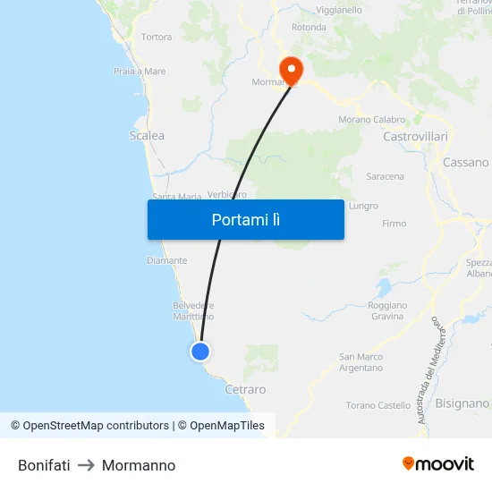 Bonifati to Mormanno map
