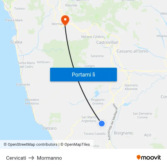 Cervicati to Mormanno map