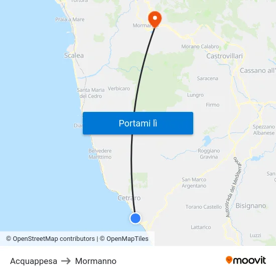Acquappesa to Mormanno map