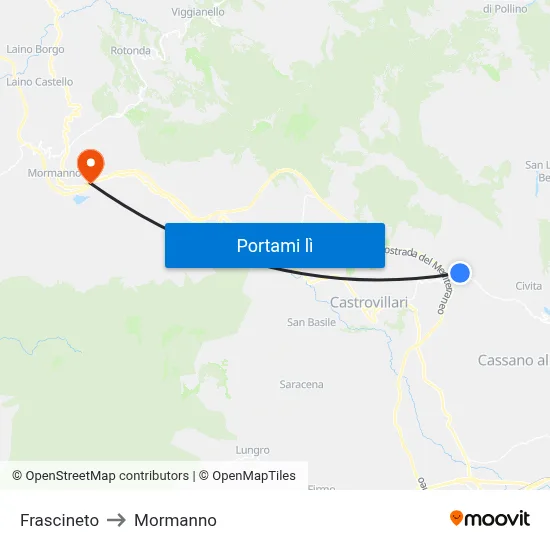 Frascineto to Mormanno map
