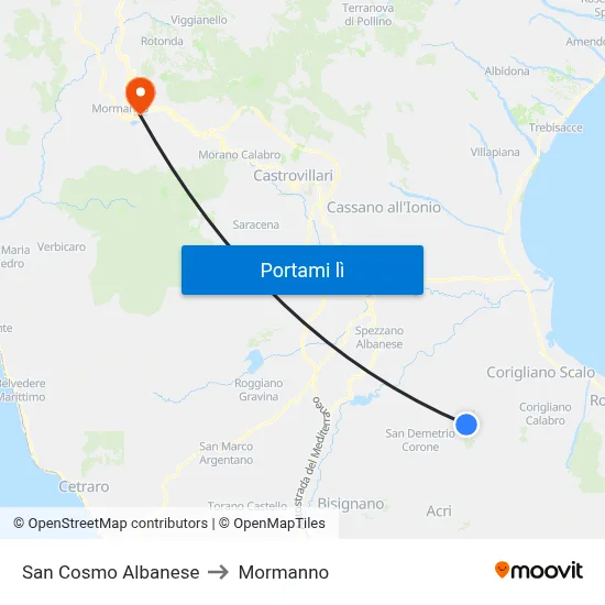 San Cosmo Albanese to Mormanno map