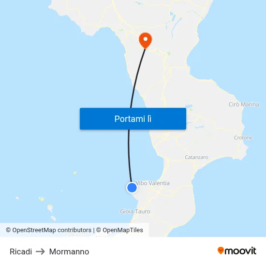 Ricadi to Mormanno map