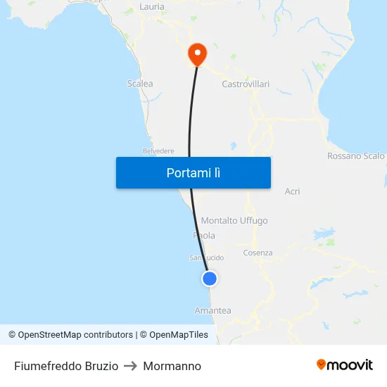 Fiumefreddo Bruzio to Mormanno map