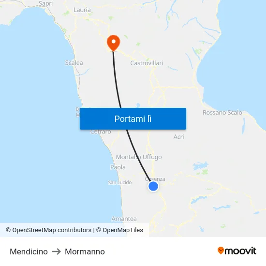 Mendicino to Mormanno map
