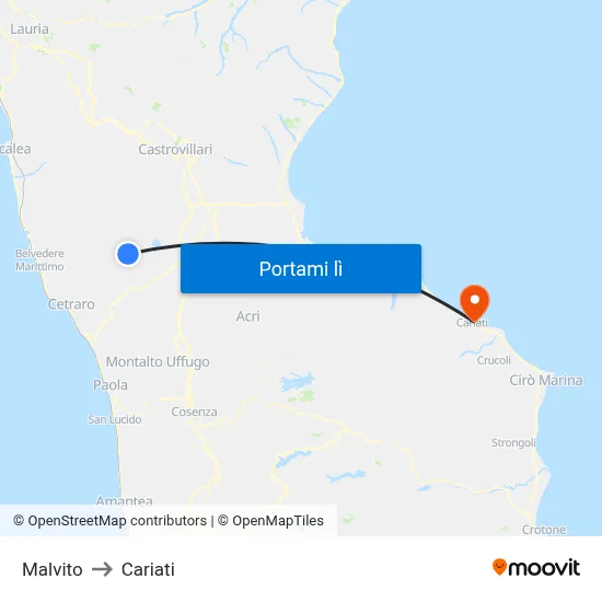 Malvito to Cariati map