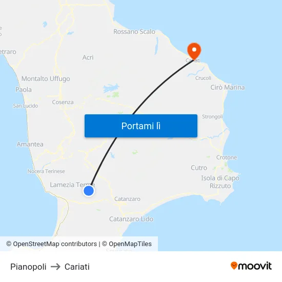 Pianopoli to Cariati map