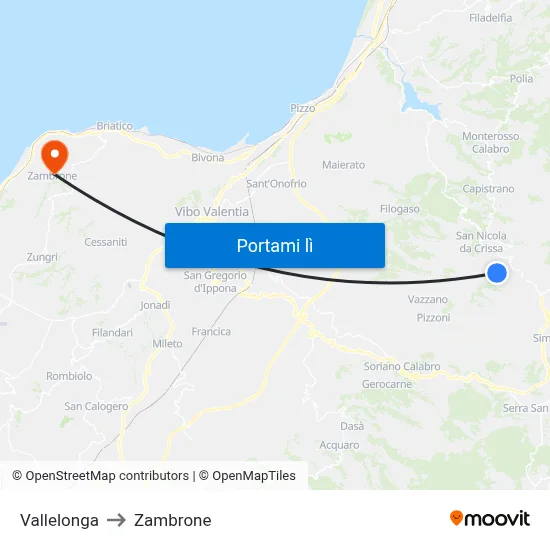 Vallelonga to Zambrone map
