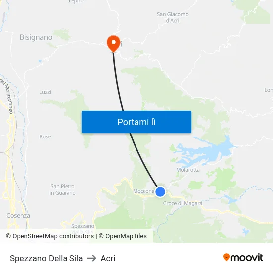 Spezzano Della Sila to Acri map