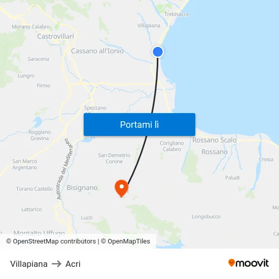 Villapiana to Acri map