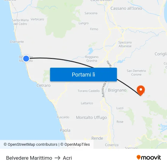 Belvedere Marittimo to Acri map