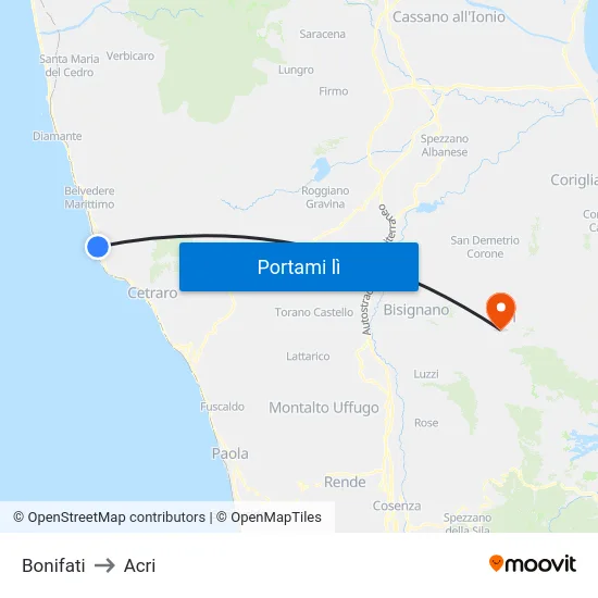 Bonifati to Acri map
