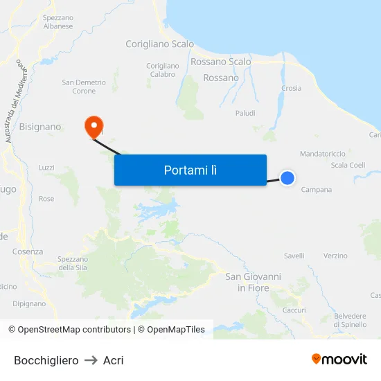 Bocchigliero to Acri map