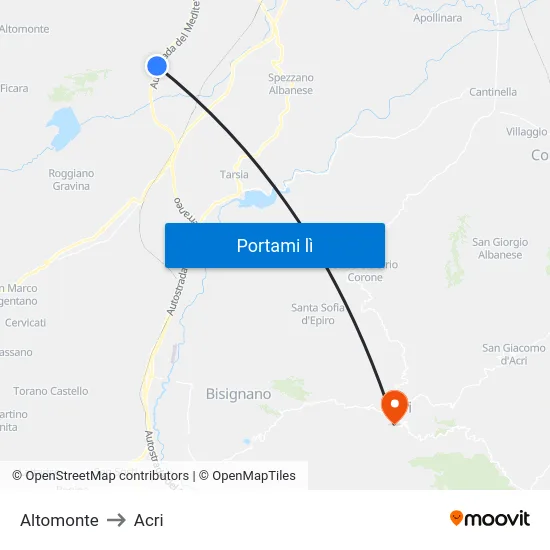 Altomonte to Acri map