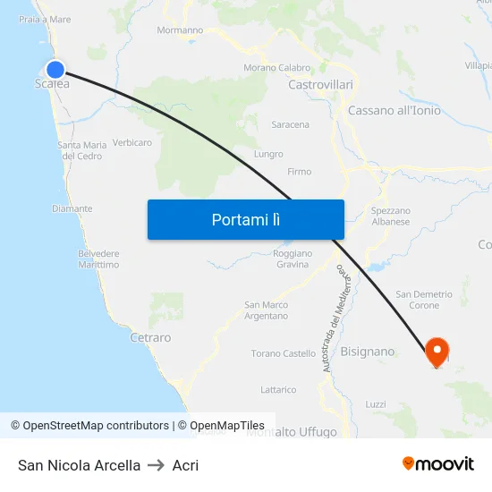 San Nicola Arcella to Acri map