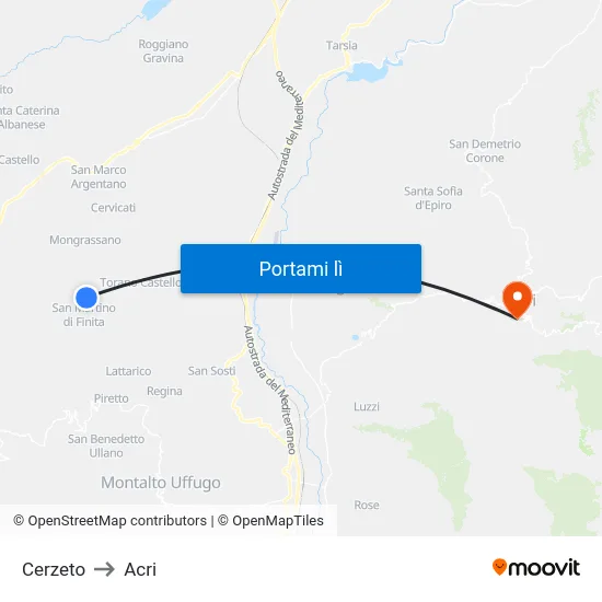 Cerzeto to Acri map