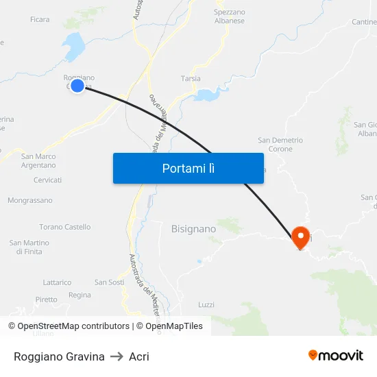 Roggiano Gravina to Acri map