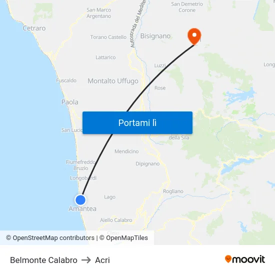 Belmonte Calabro to Acri map