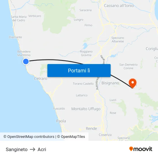 Sangineto to Acri map
