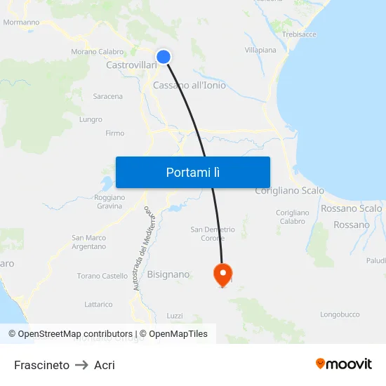 Frascineto to Acri map