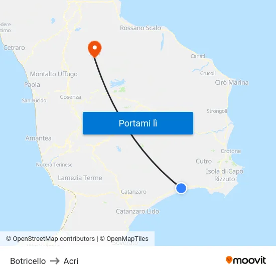 Botricello to Acri map