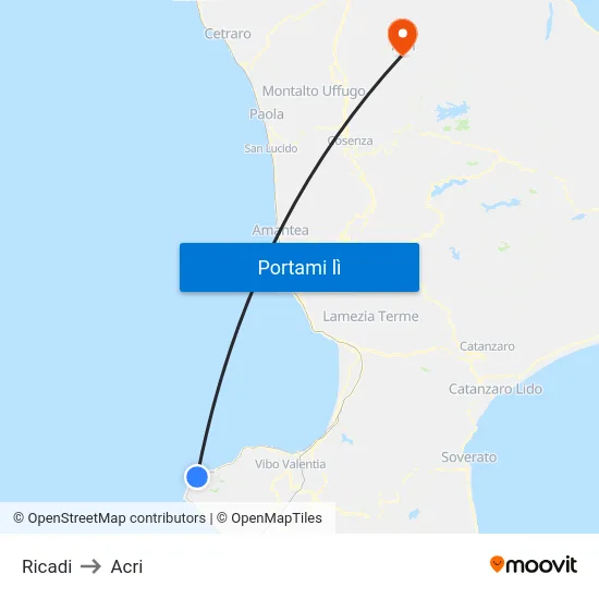 Ricadi to Acri map