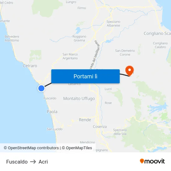 Fuscaldo to Acri map
