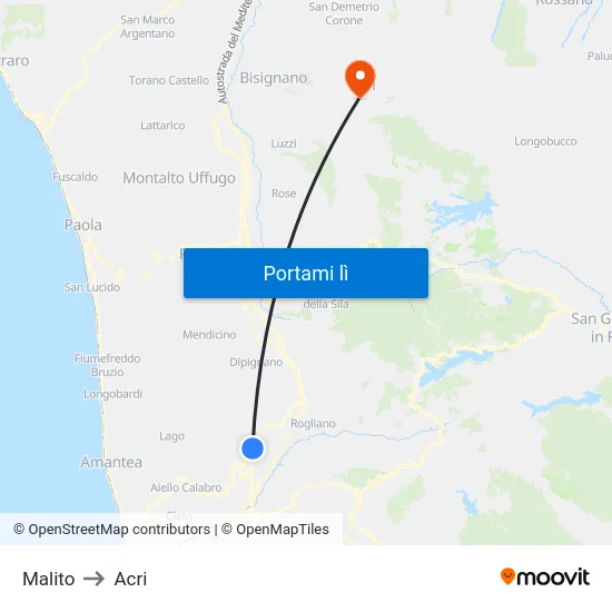 Malito to Acri map