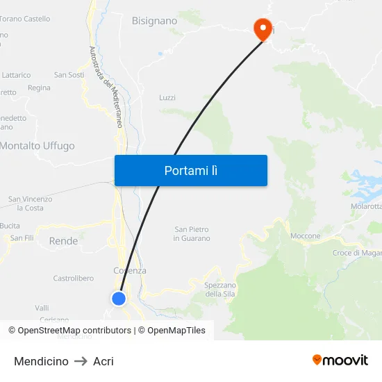 Mendicino to Acri map