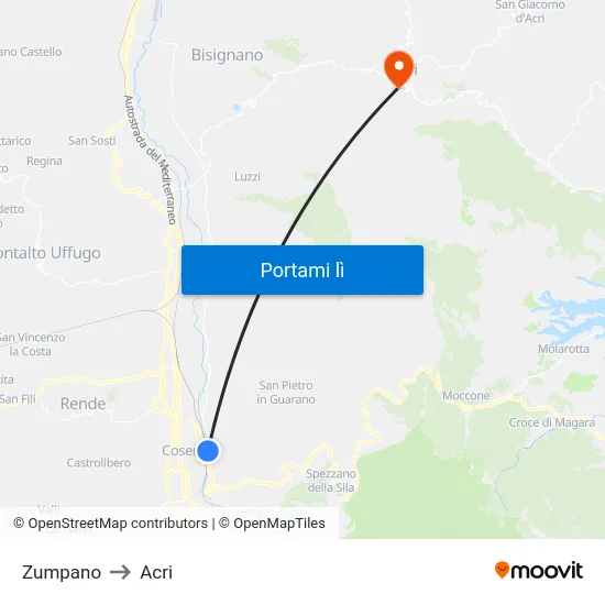 Zumpano to Acri map