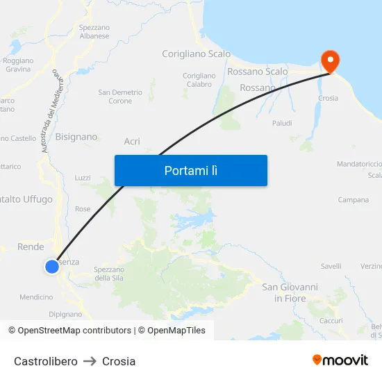 Castrolibero to Crosia map