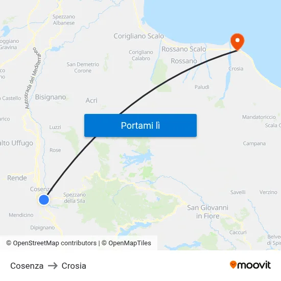 Cosenza to Crosia map