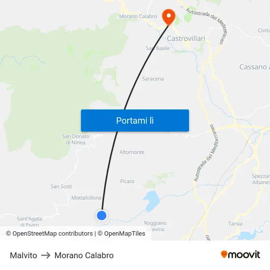 Malvito to Morano Calabro map
