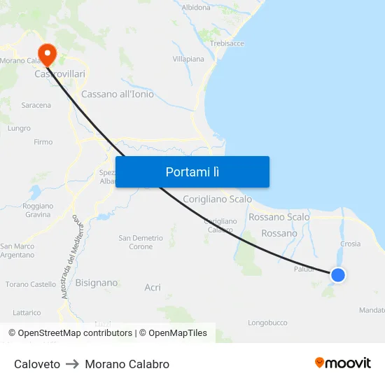 Caloveto to Morano Calabro map
