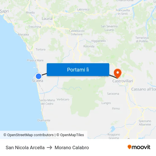 San Nicola Arcella to Morano Calabro map