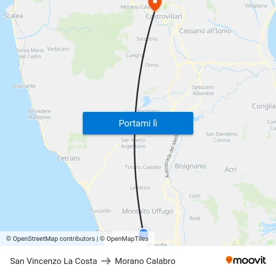 San Vincenzo La Costa to Morano Calabro map