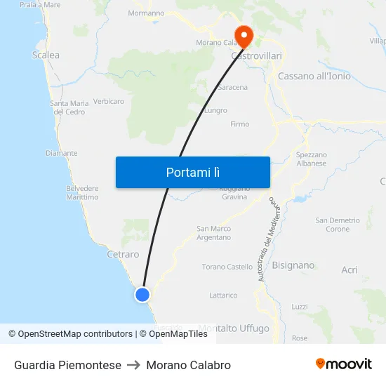 Guardia Piemontese to Morano Calabro map