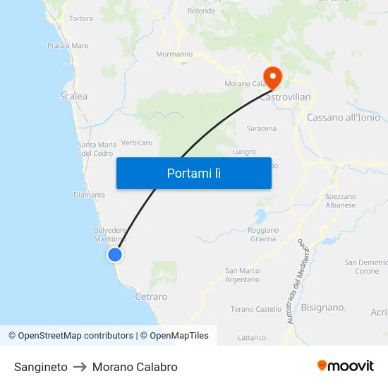 Sangineto to Morano Calabro map