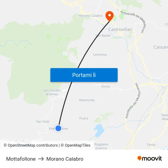 Mottafollone to Morano Calabro map