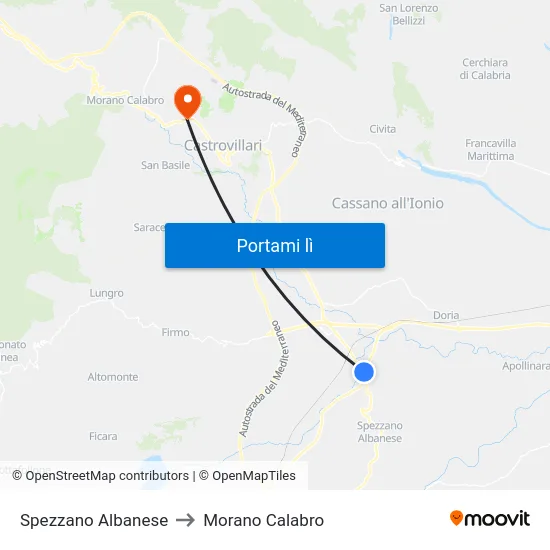 Spezzano Albanese to Morano Calabro map