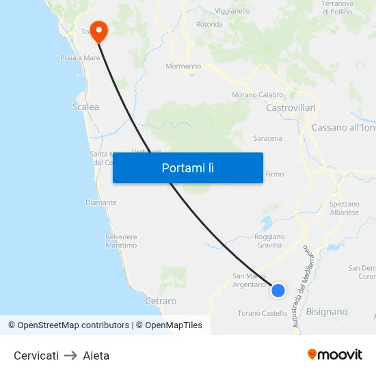 Cervicati to Aieta map