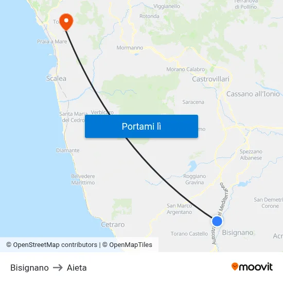 Bisignano to Aieta map