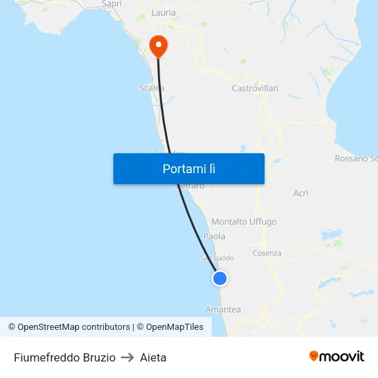 Fiumefreddo Bruzio to Aieta map