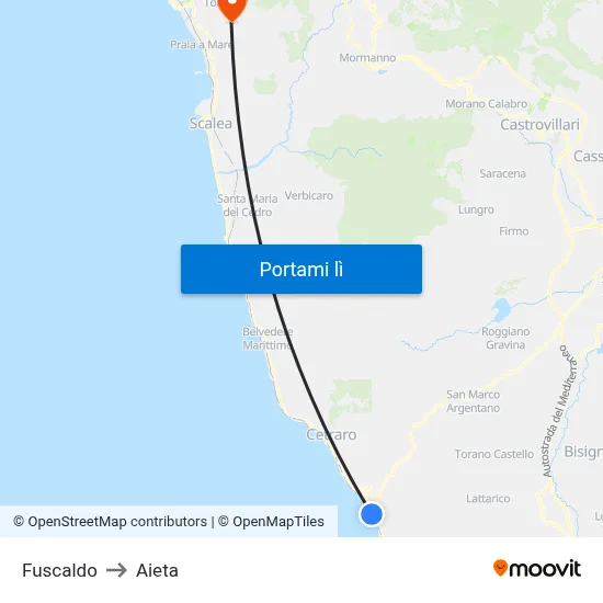Fuscaldo to Aieta map